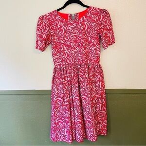 Vtg Handmade Puff Sleeve Red & Gray Print Dress Size Small
